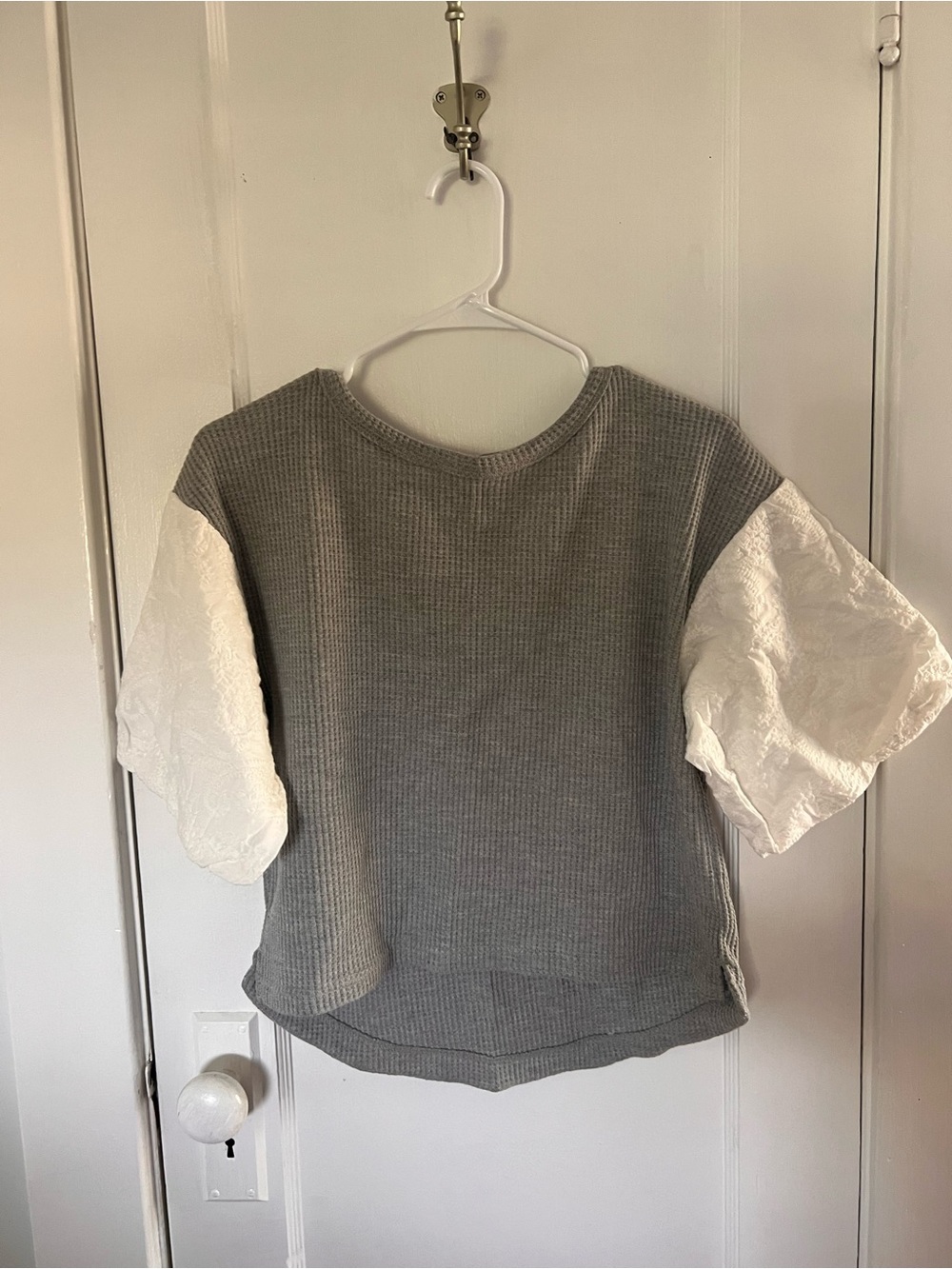 Two-Tone Puff Sleeve Top - Gray with White Sleeves